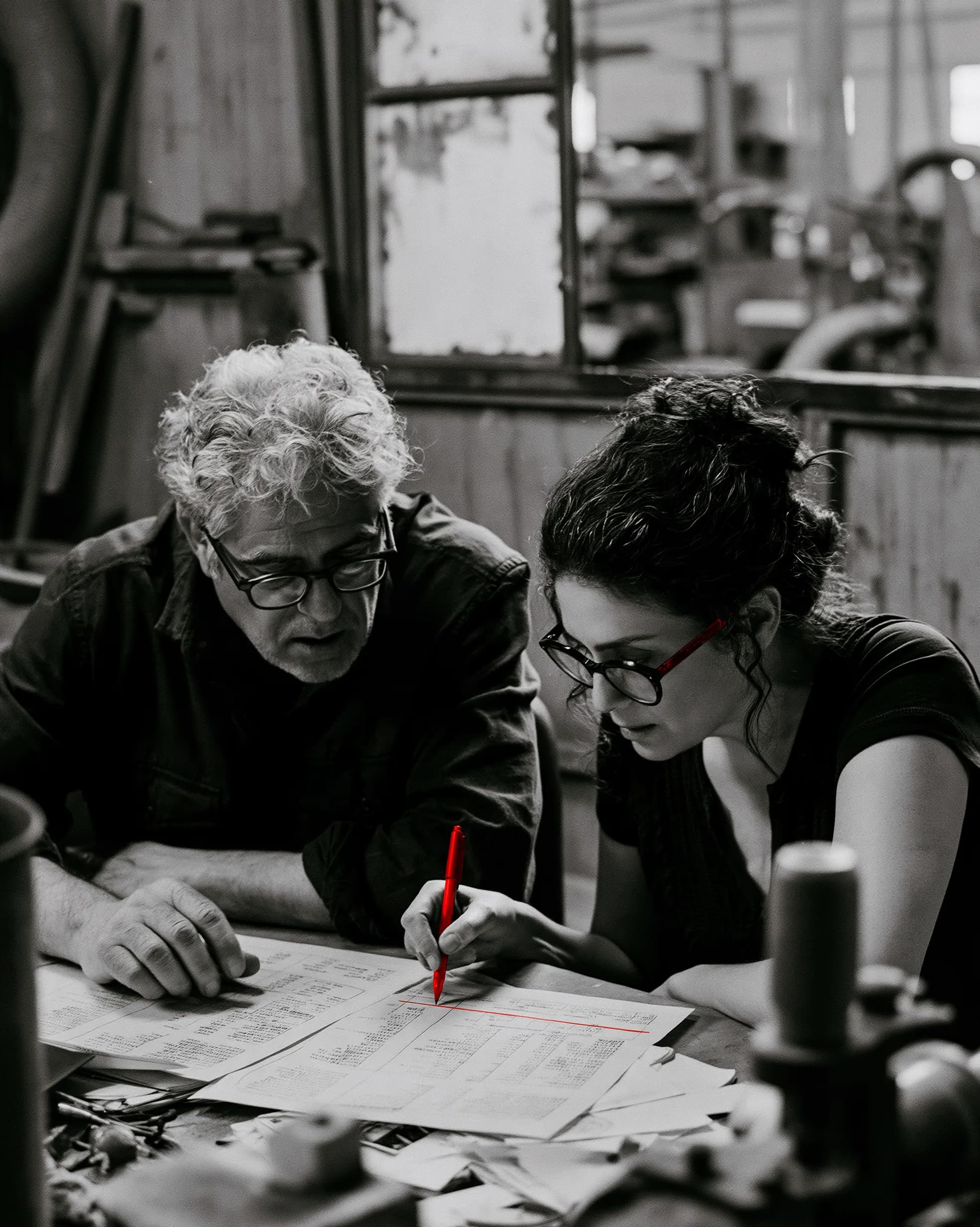 A business owner and a REGAL 3 advisor reviewing figures at a table in a plant office